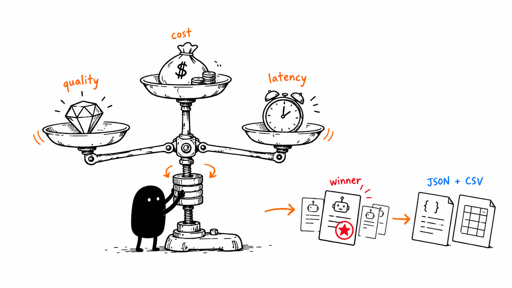 A hand-drawn Xiaohei adjusting quality, cost, and latency tradeoffs to choose a configuration
